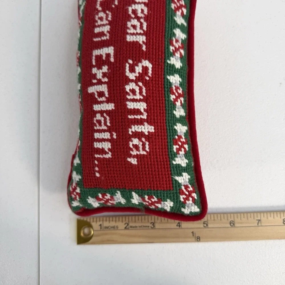 Dear Santa I Can Explain Needlepoint Pillow Red Green Peppermint Candy Christmas